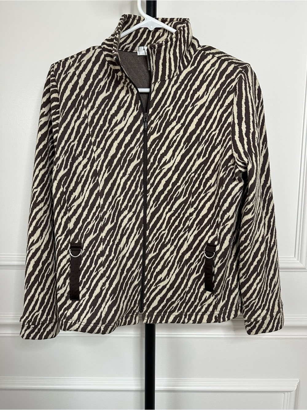 Vintage Zebra-Print Zip Front Jacket in Black & Cream Petite Medium